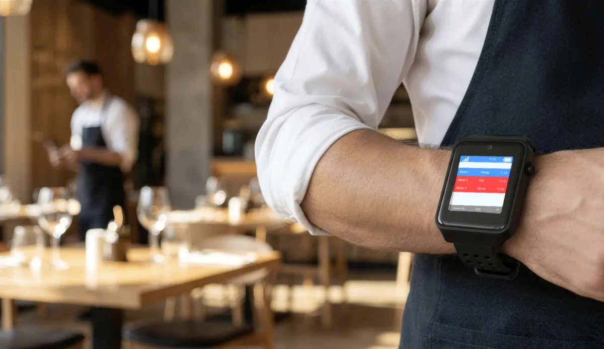 Vycall A35WP mobile call pager worn on a waiter’s wrist in a restaurant
