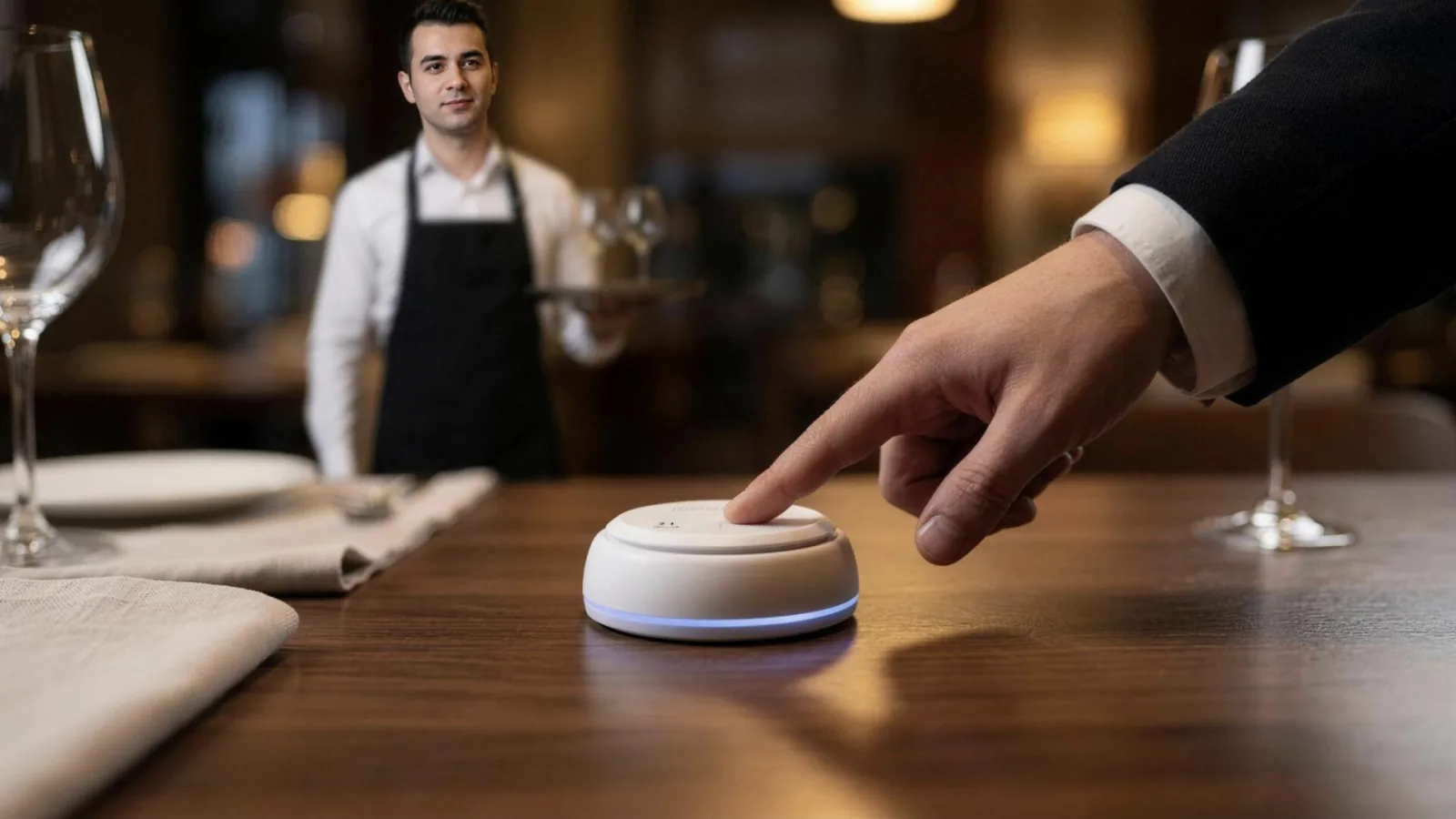 A multi-key Vycall B300 call button on a restaurant table