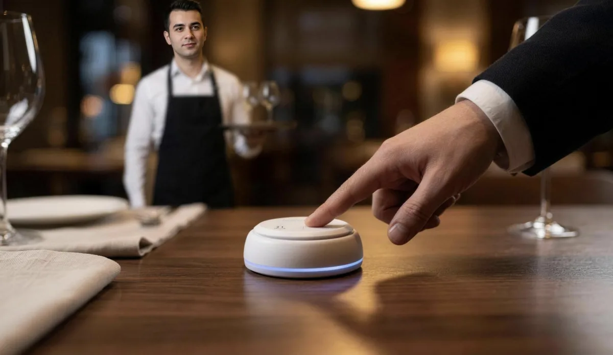 Restoran masasındaki Vycall B300 premium çağrı butonuna basan misafir, arkada garson