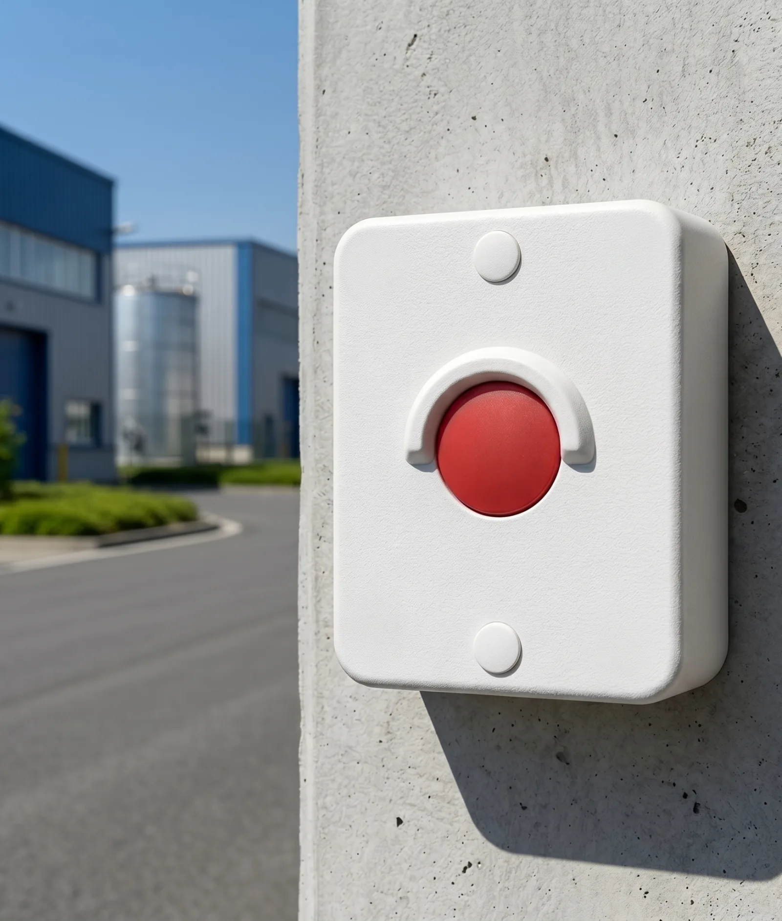 A wall-mounted Vycall D100 industrial call button at a site entrance