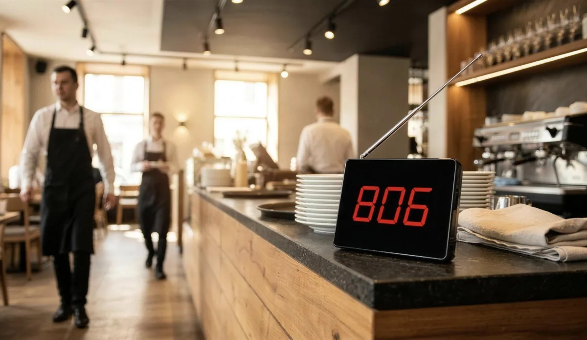 Vycall D20 call display showing a call number on a restaurant service counter