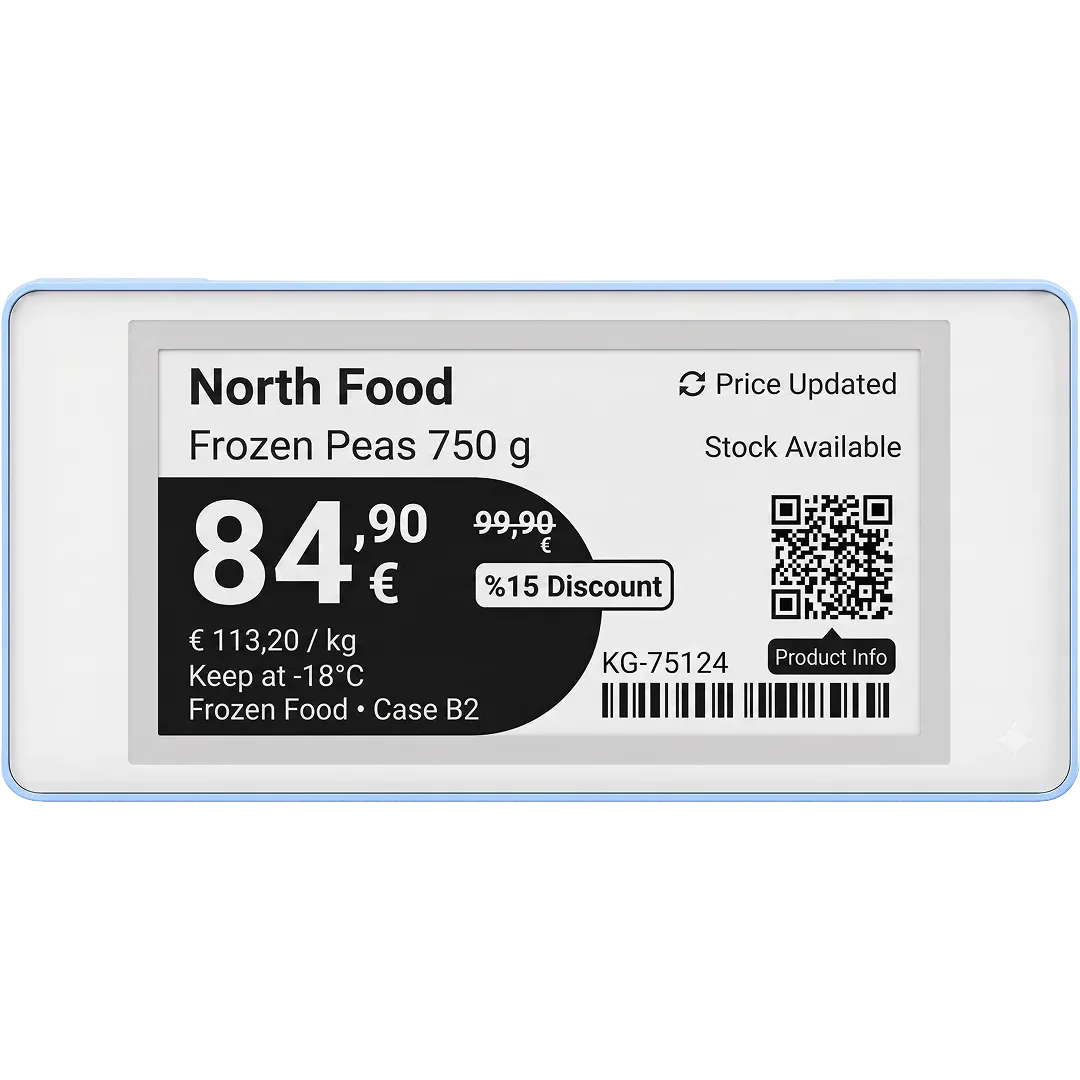 VyTag freezer electronic shelf label showing a frozen food price