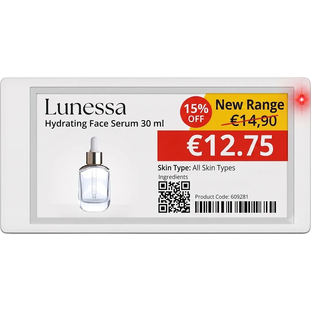 VyTag electronic shelf label showing a new cosmetics range on a pharmacy shelf
