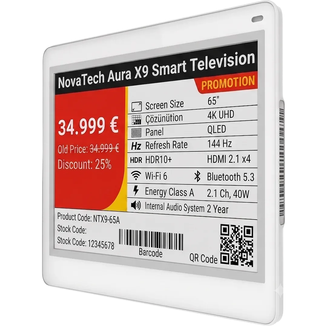 VyTag electronic shelf label showing a television promotion and price in a store