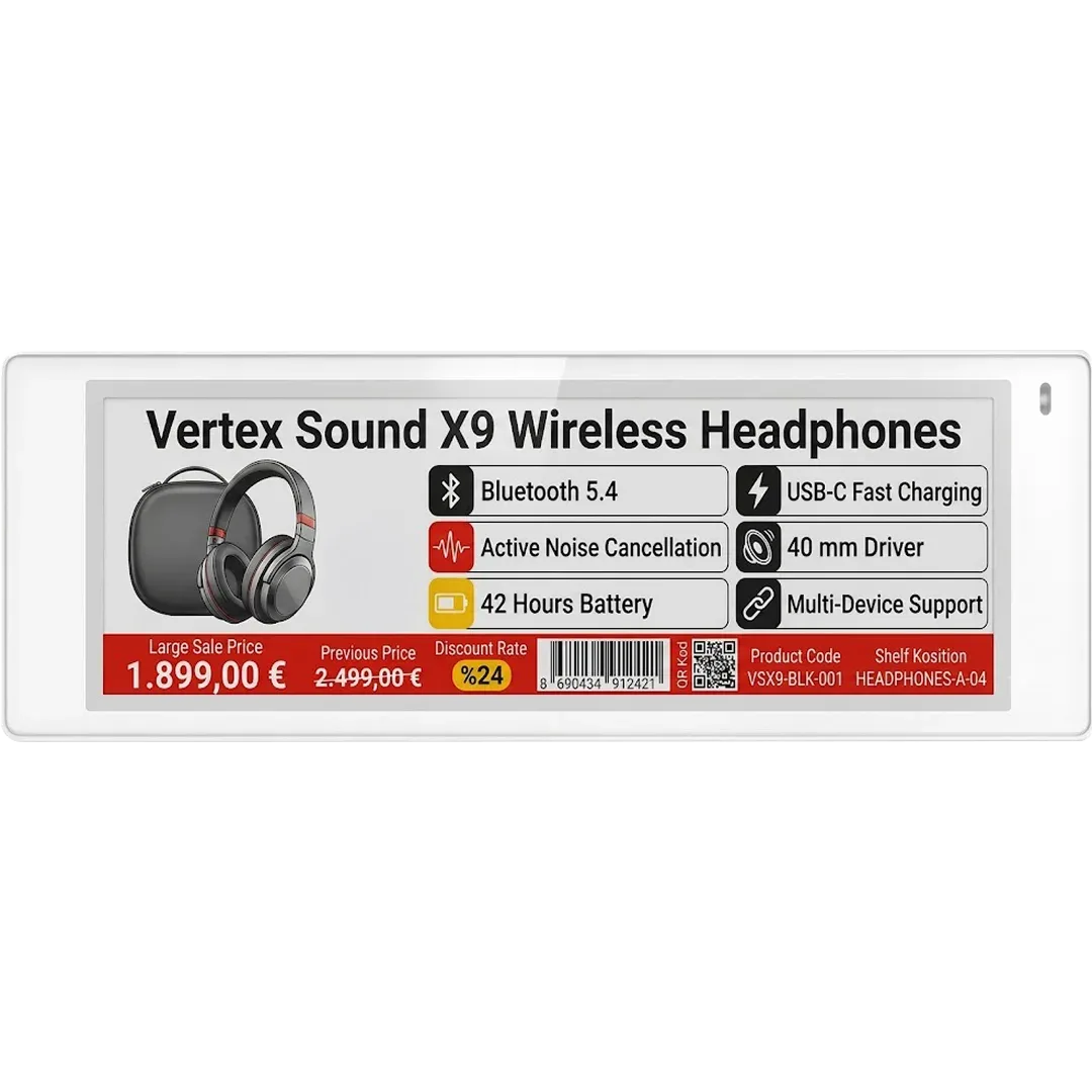 VyTag bar-type electronic shelf label showing a headphone price and features