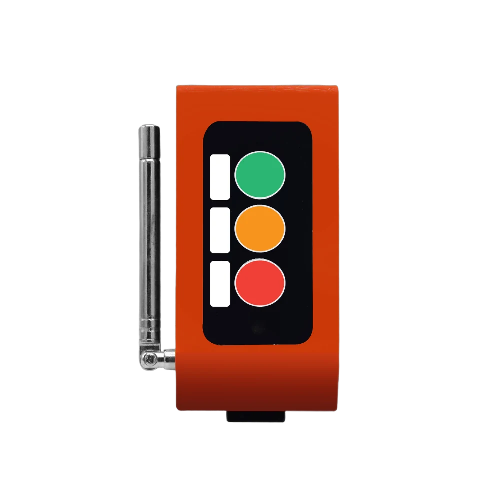 The Vycall F100 industrial call button with the antenna extended, side view