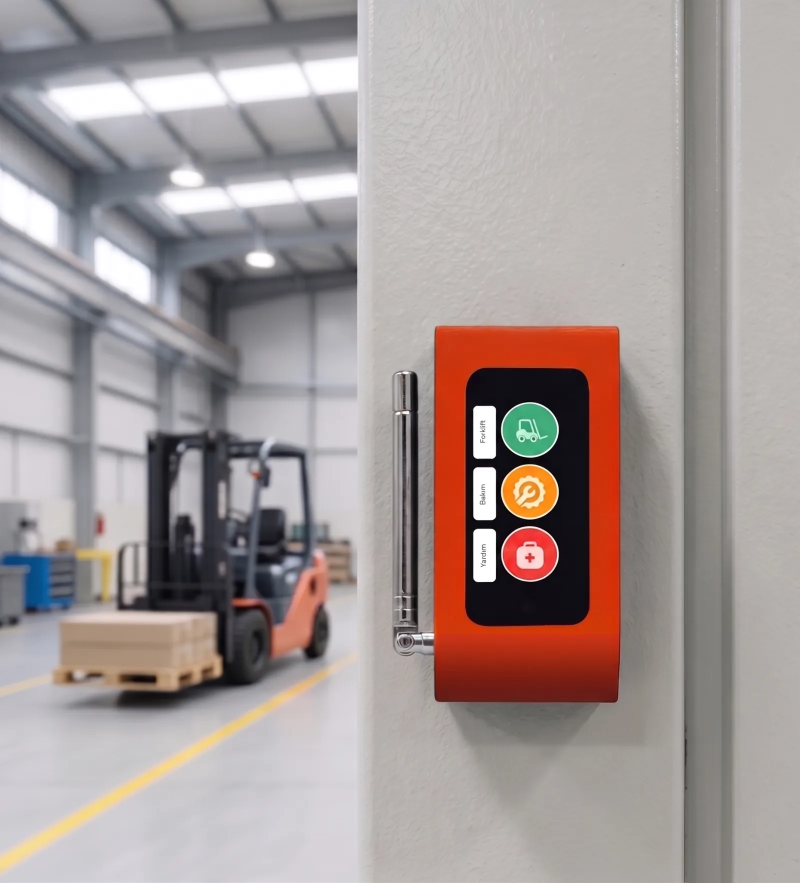 A wall-mounted three-key Vycall F100 industrial call button on a factory floor