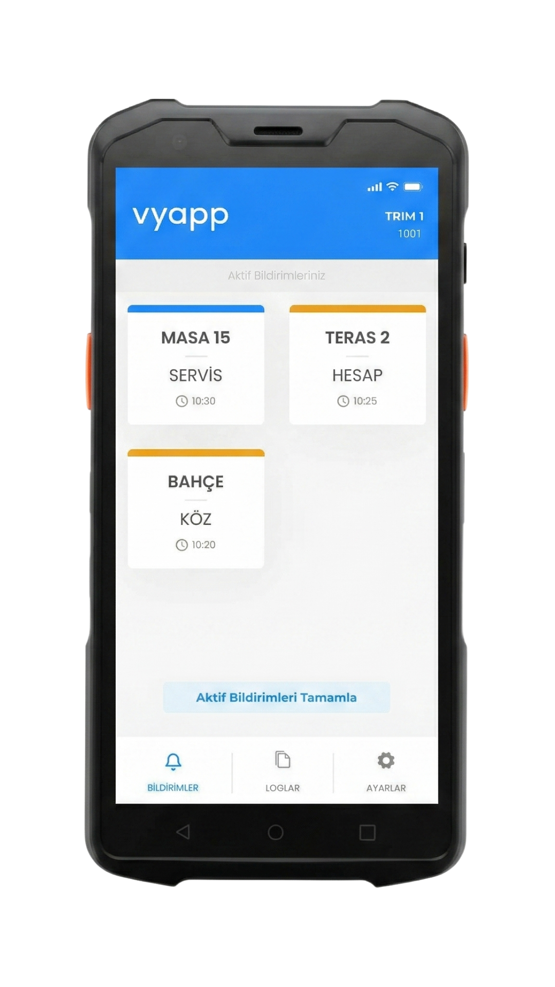 Sunmi L2s el terminali ekranında VyApp Smart Call bekleyen çağrı kartları