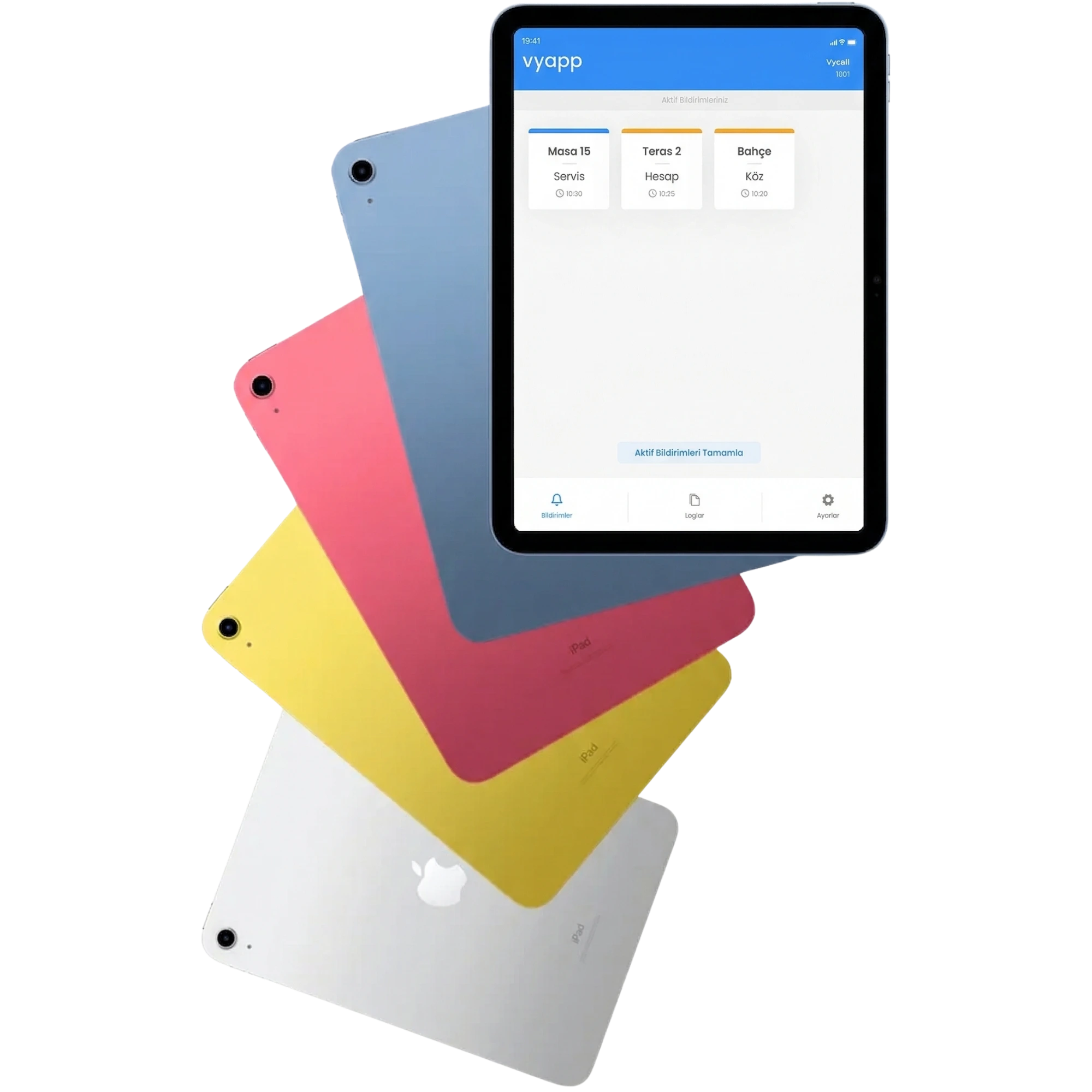 Apple iPad renk seçenekleri ve ekranda VyApp Smart Call bekleyen çağrı kartları