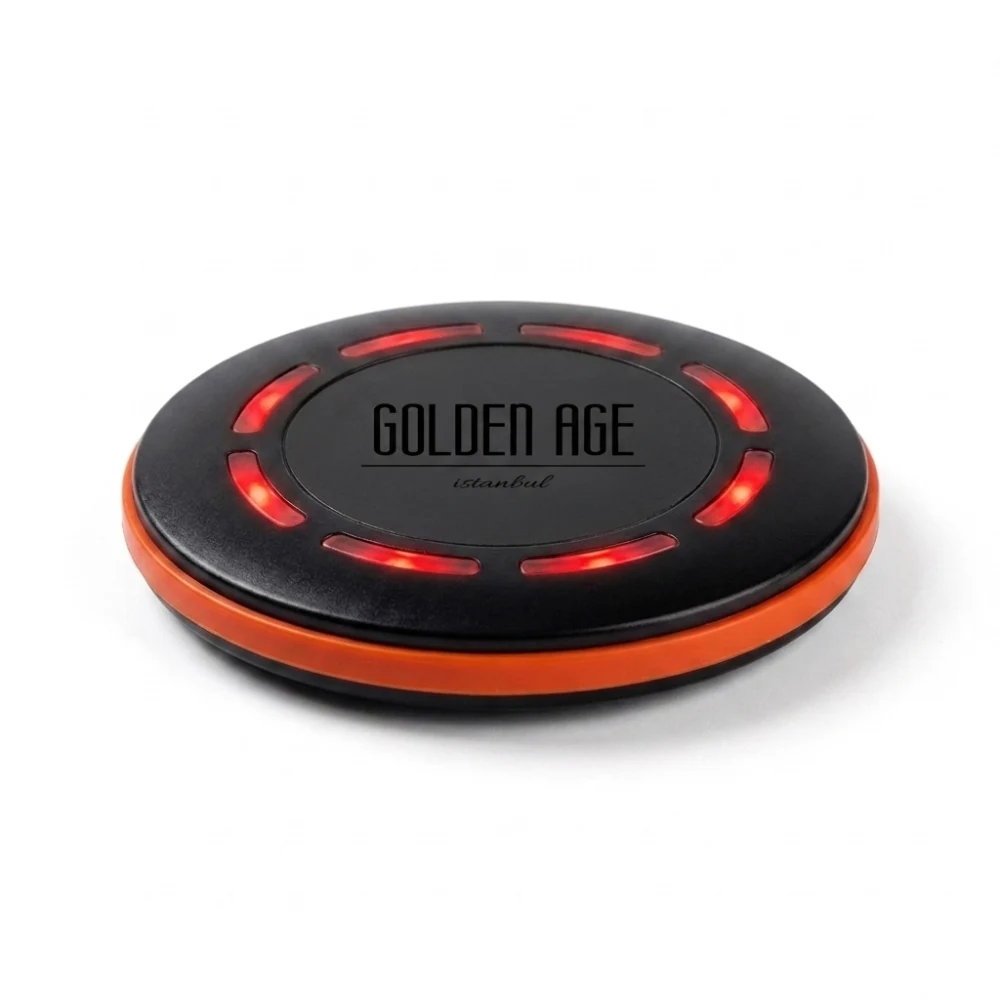 A close-up of a Vycall MC-S10 pager — the printed logo surface and the illuminated ring
