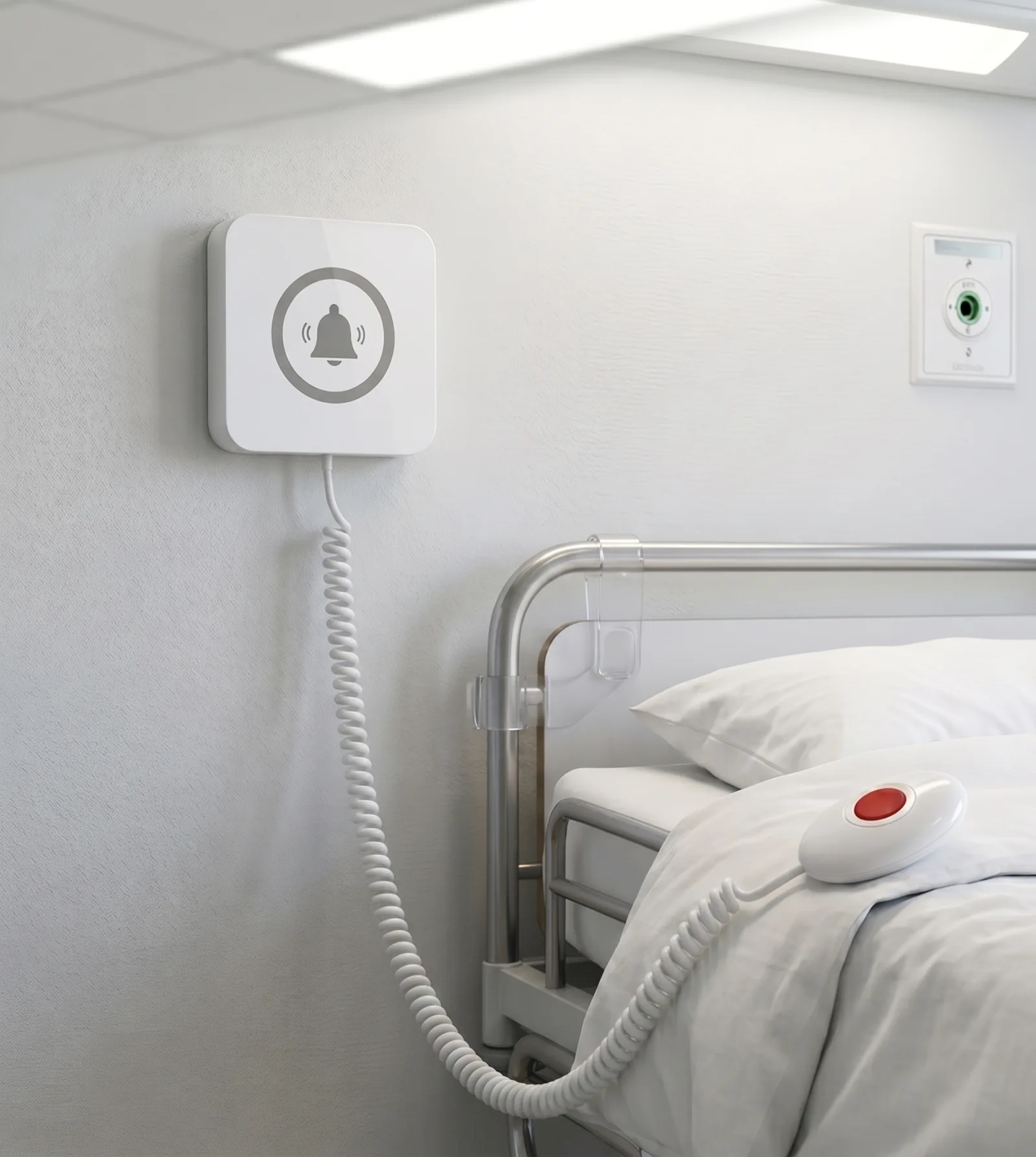 The Vycall P200-HM handheld help call system at a patient's bedside