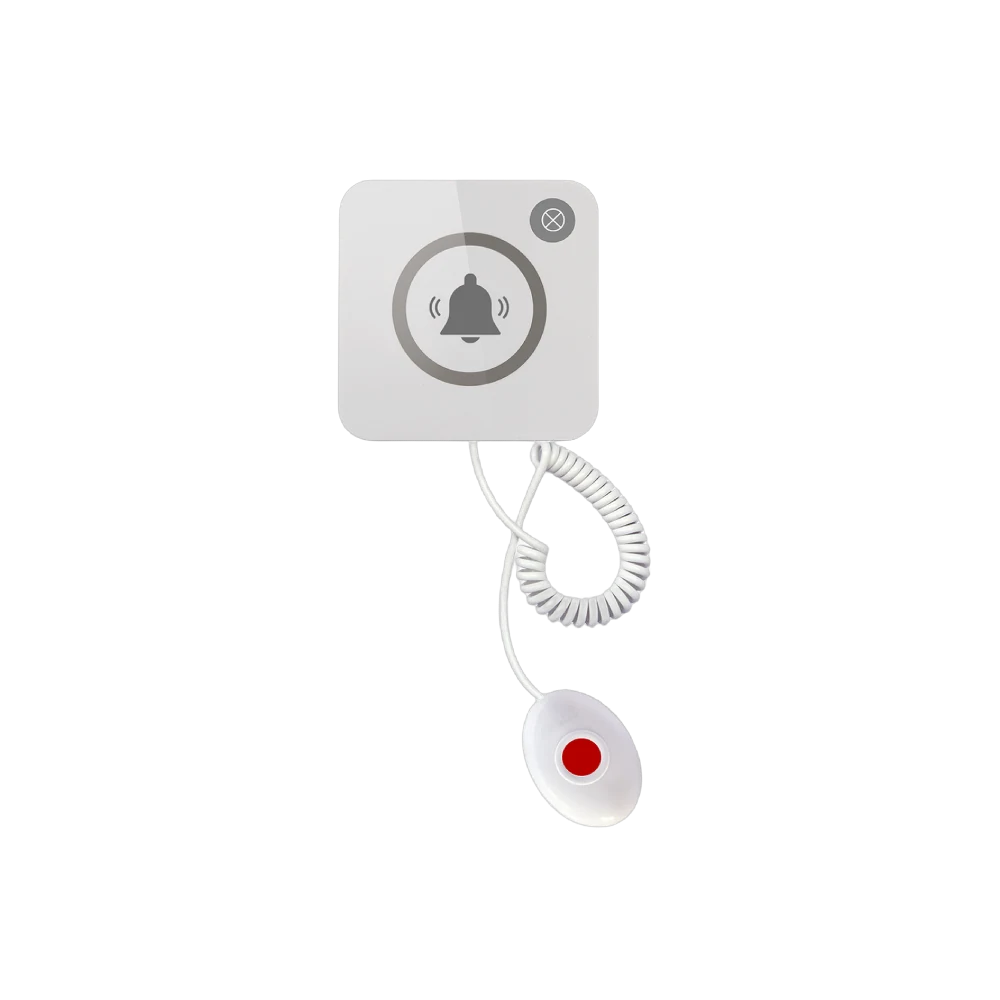The Vycall P200-HM help call button with its coiled cable, angled view