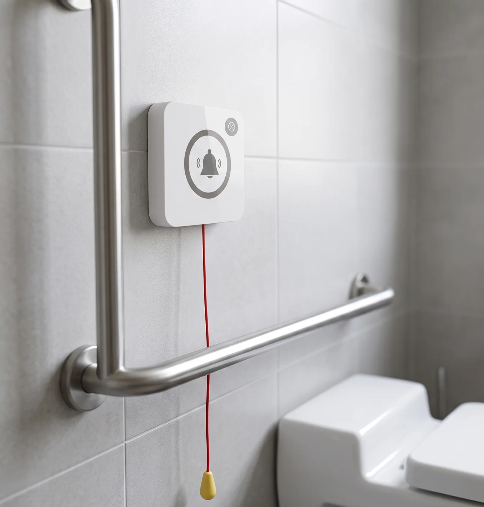 A Vycall P200-PL pull-cord help call button beside the grab rail in an accessible toilet