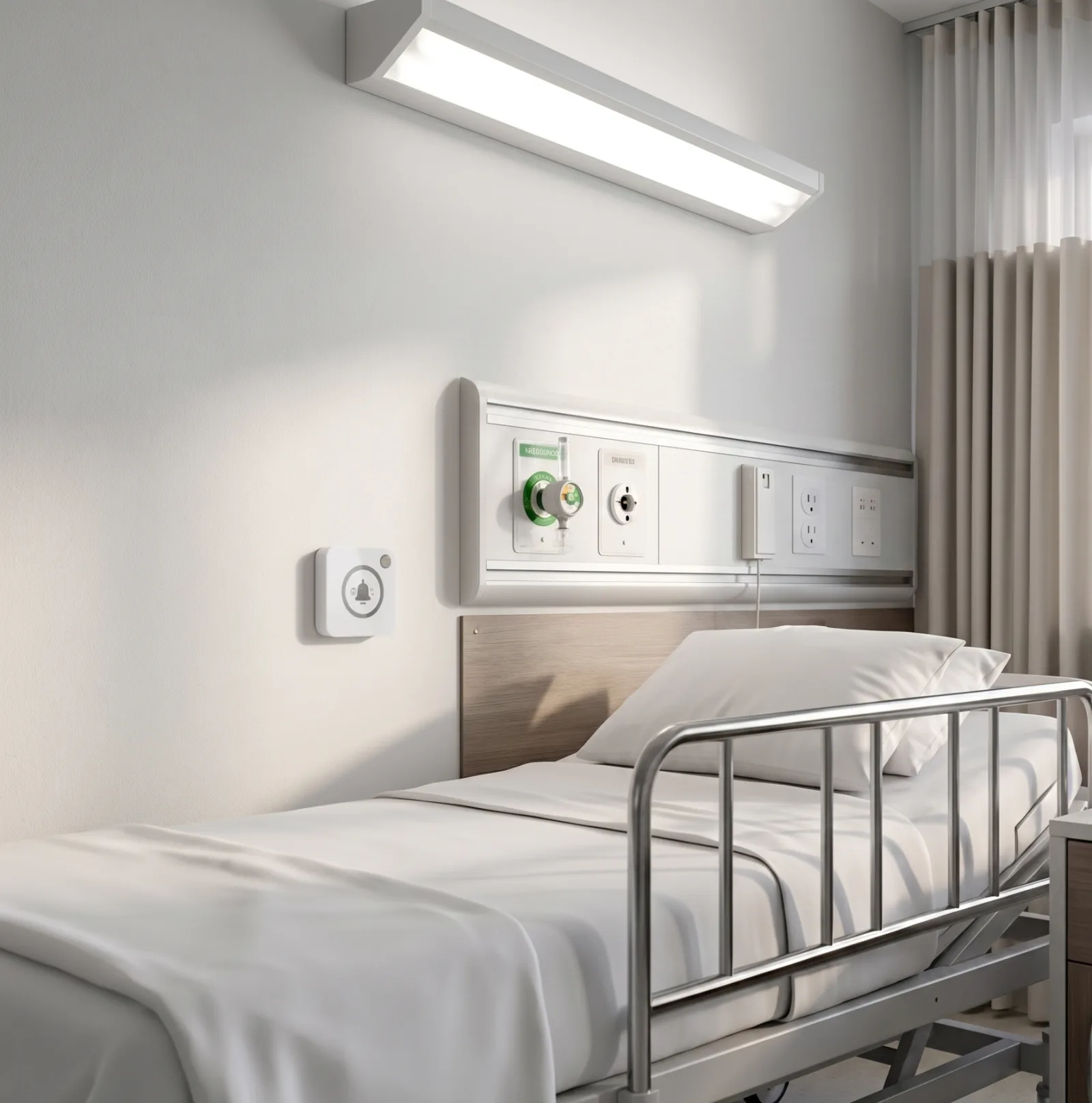 A wall-mounted Vycall P200 help call button in a patient room