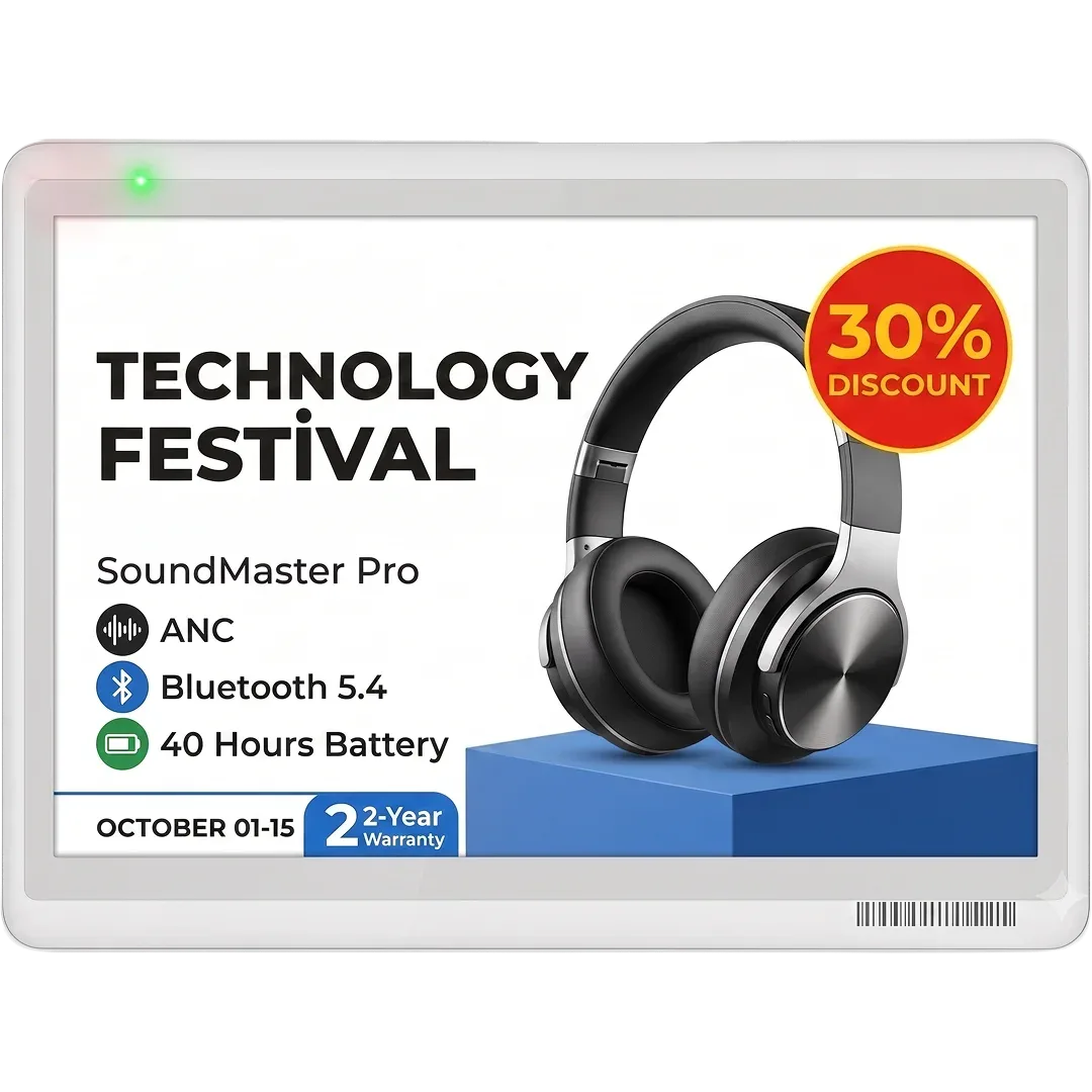 VyTag six-colour information display showing a technology festival campaign at an aisle end