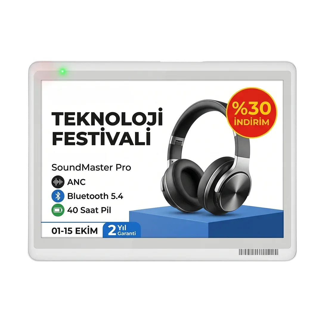 Mağaza reyon başında teknoloji festivali kampanyasını gösteren VyTag altı renkli bilgi ekranı
