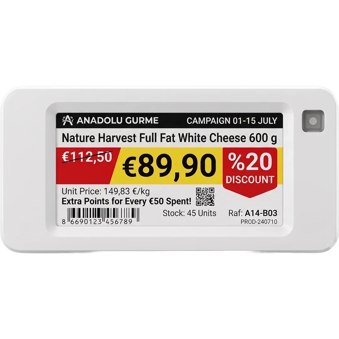 VyTag electronic shelf label showing a campaign price at a supermarket cheese counter