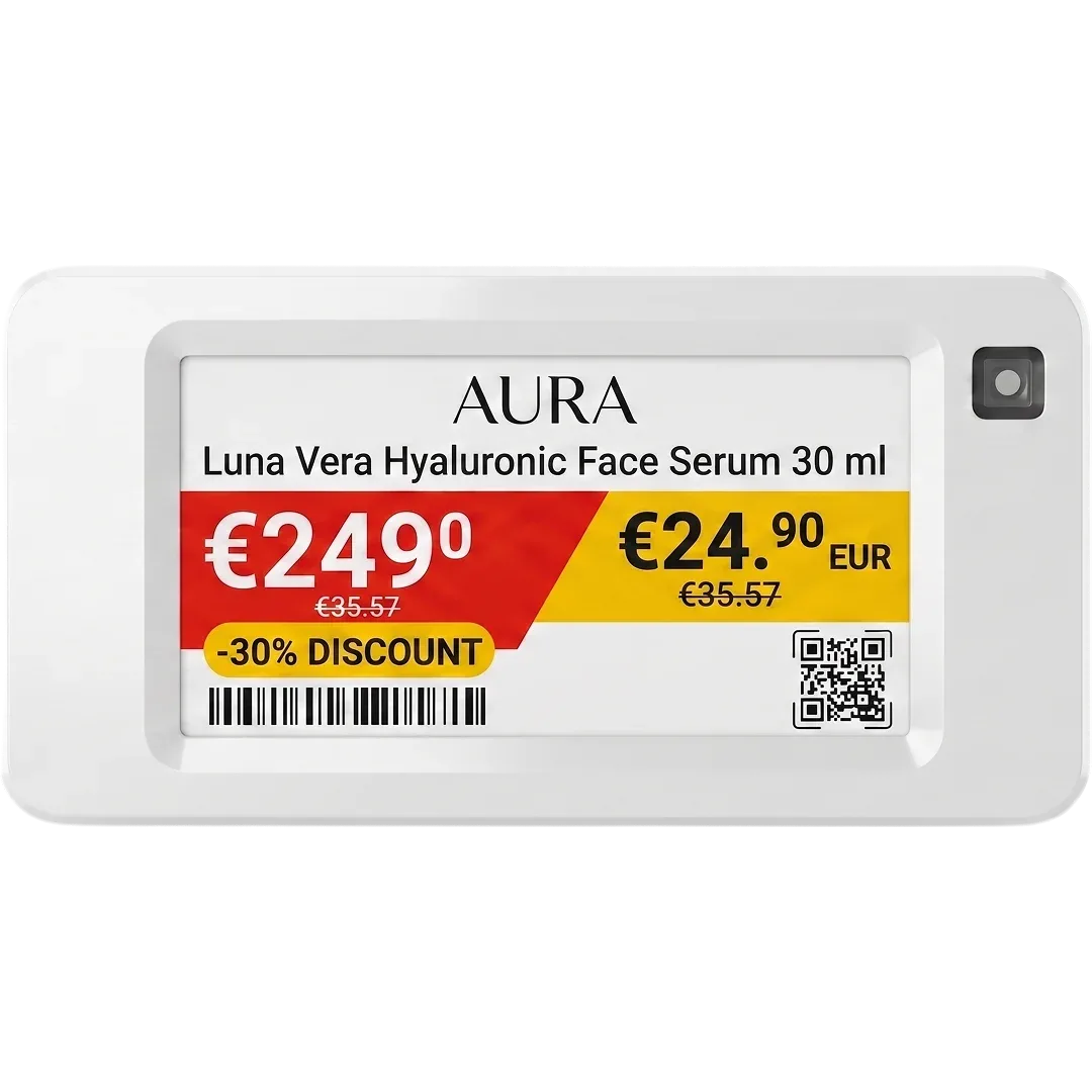 VyTag electronic shelf label showing a discounted price on a pharmacy shelf
