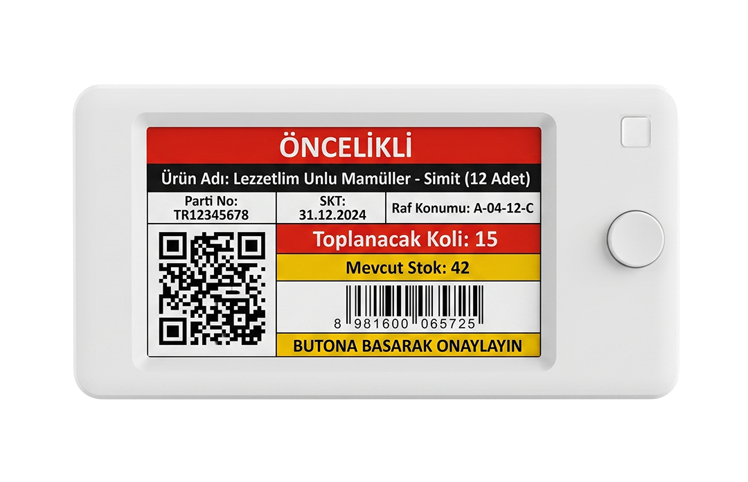 Tezgâh üstünde T-ayakla duran VyTag etiketi