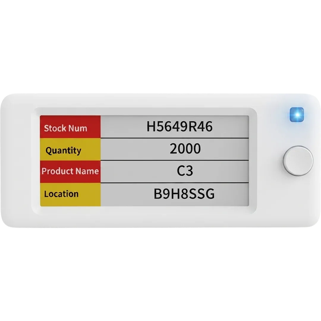 VyTag electronic shelf label showing a shelf location and stock quantity in a warehouse
