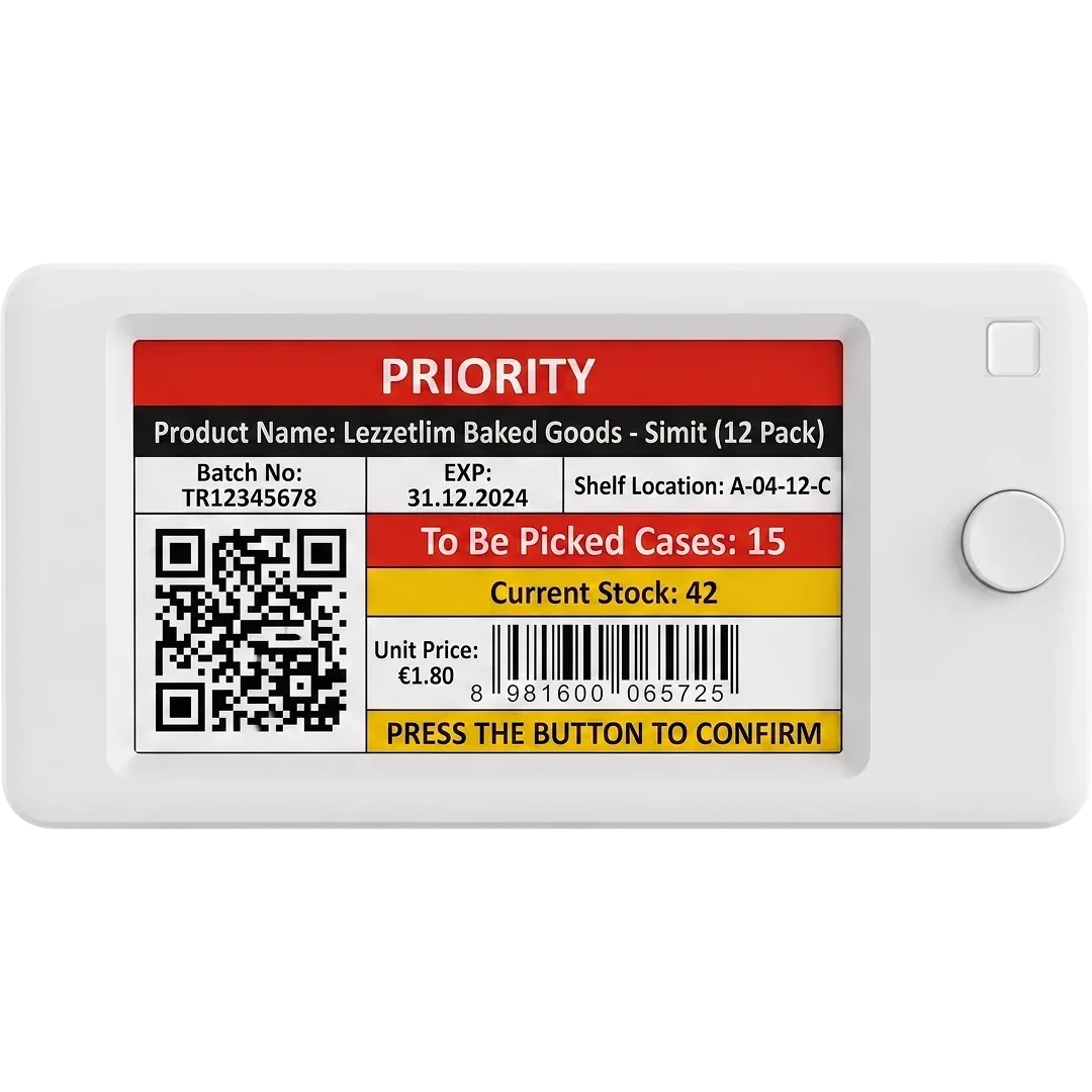 VyTag button label showing a warehouse picking list and a confirm button on the shelf