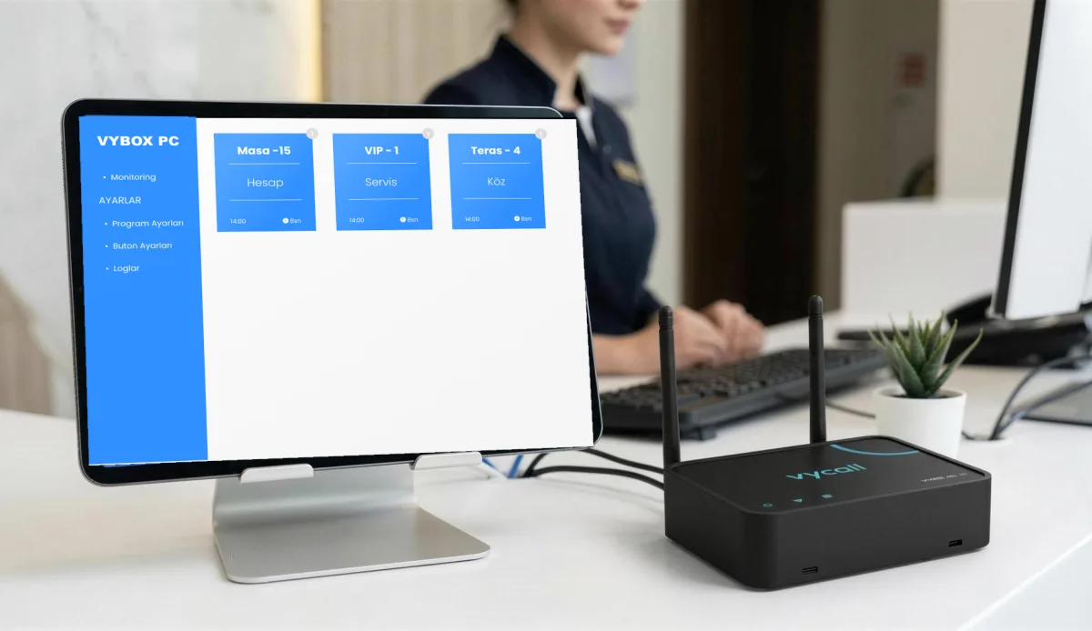 VyBox PC receiver at a reception desk with the call list on the computer screen