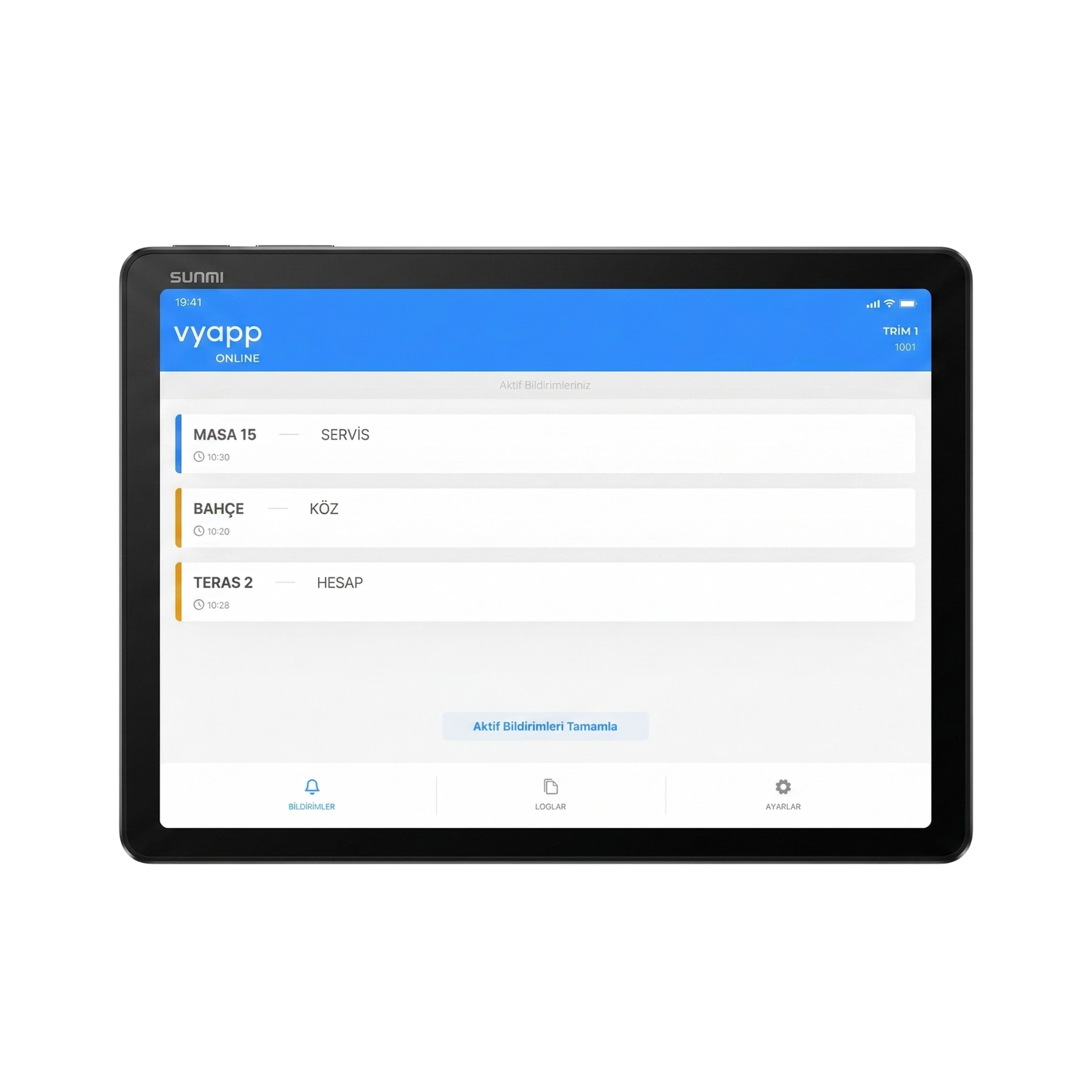 Sunmi CPad tablet ekranında VyApp Smart Call bekleyen çağrı listesi