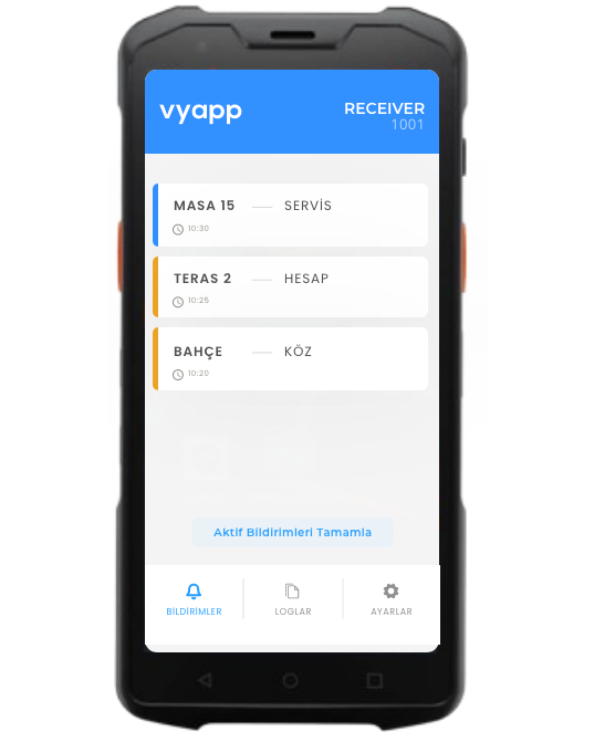 Sunmi L2s el terminali — ekranda VyApp Smart Call bekleyen çağrı listesi