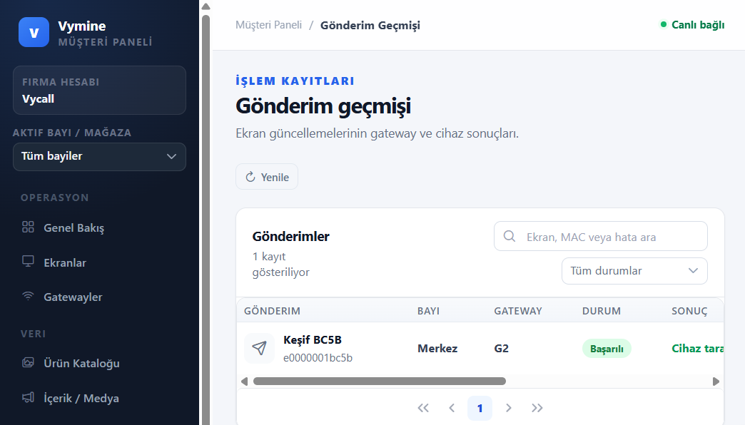 VyTag elektronik etiket yönetimi yazılımı — gönderim geçmişi ekranı