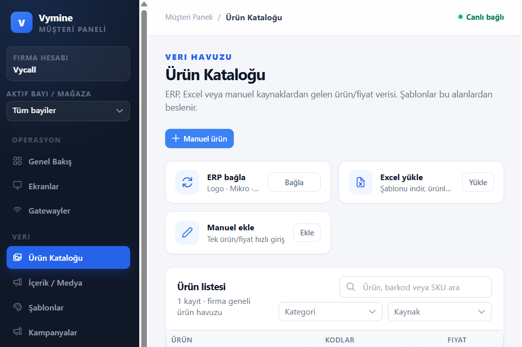 VyTag elektronik etiket yönetimi yazılımı — ürün kataloğu ekranı